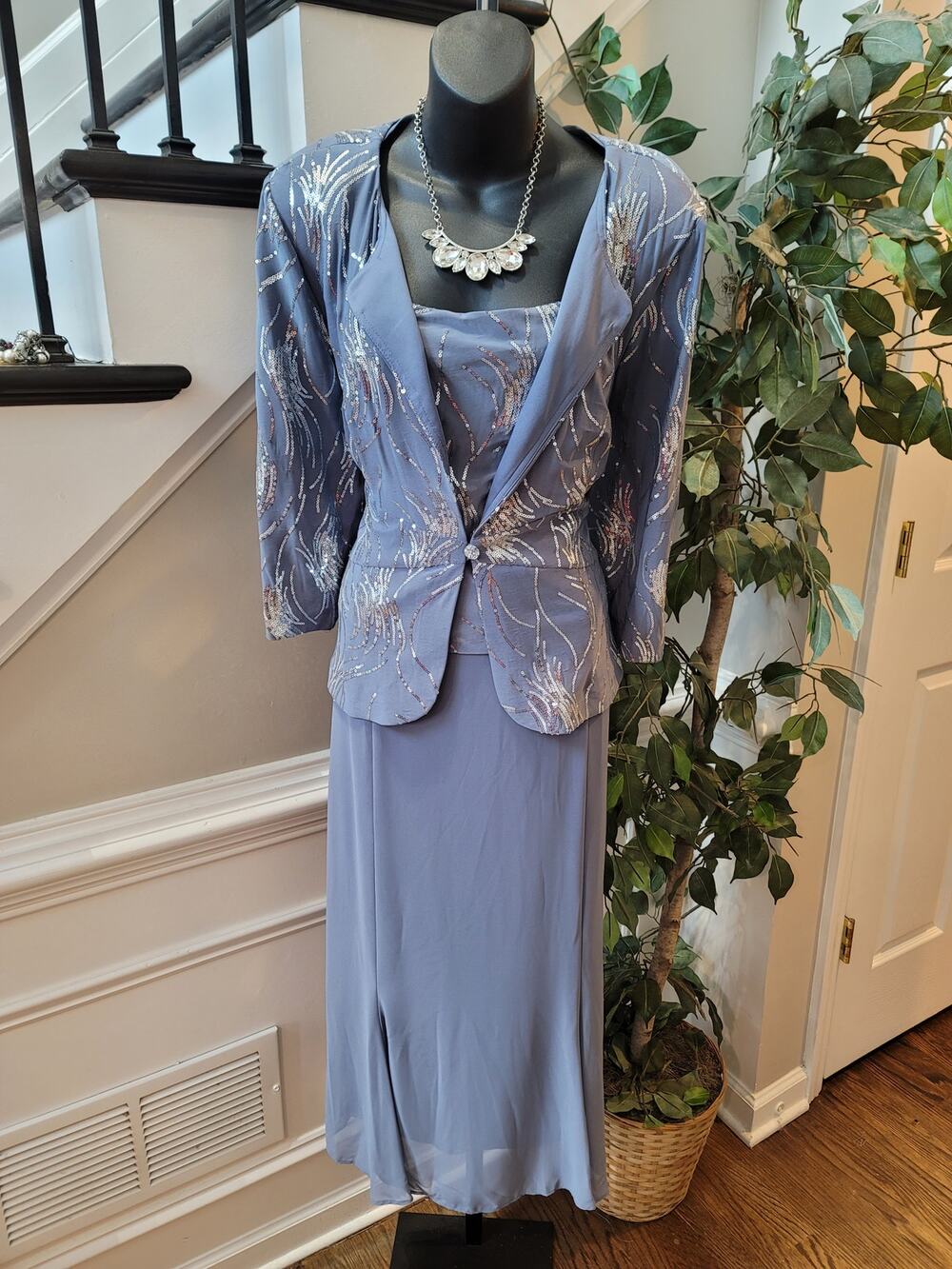 Alex Evenings Skirt Suit Women's SZ 18 Slate Blue Sequin Square Neck Back Zipper